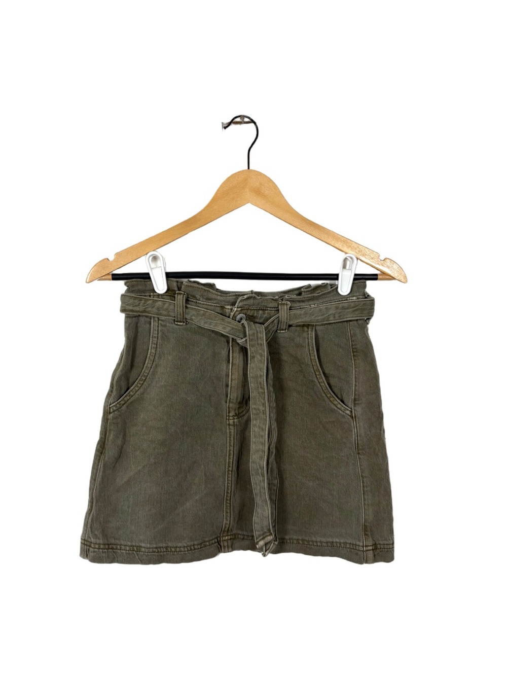 American Eagle Olive Green Paperbag Denim Mini Skirt Size 0 Tie Belt